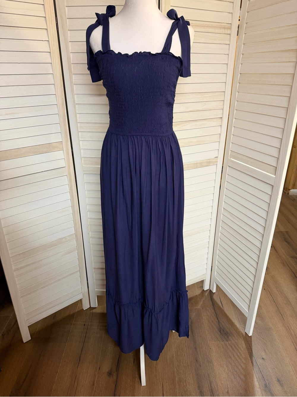 Smocked Navy Midi Dress with Tie Shoulder Straps